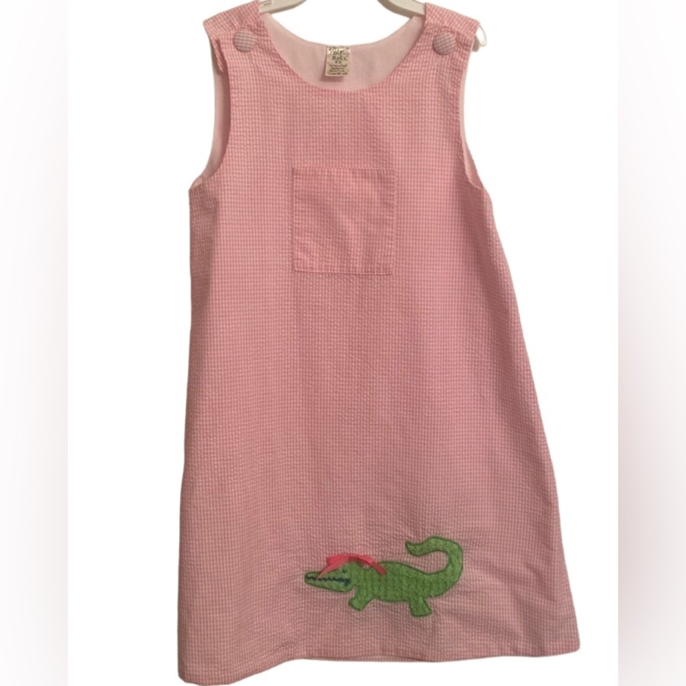 POTATO SAKS Girl's Pink White Gingham Front Pocket Alligator Appliqué Dress 6X